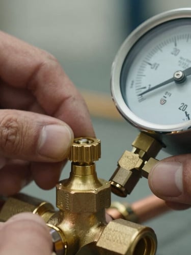 Macro close-up of a technician's hands using a brass pressure gauge to calibrate a copper pipe valve, sharp daylight, technical focus.
