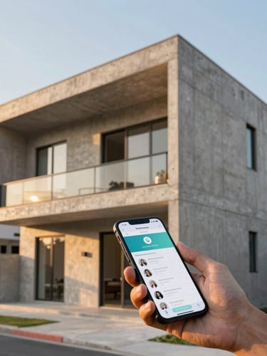 Architect on-site reviewing a digital progress tracking app on a smartphone, modern Indonesian residential concrete structure under soft golden hour light, clean composition, 35mm lens