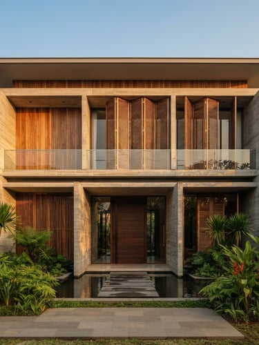 Symmetrical straight-on architectural elevation of a concrete and teak modern luxury villa in Jakarta, bright natural daylight, 35mm lens, editorial architectural photography