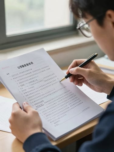 A focused graduate student analyzing civil service exam papers under bright natural window light, scholarly atmosphere, close-up details of handwritten essay drafts, premium academic feel.