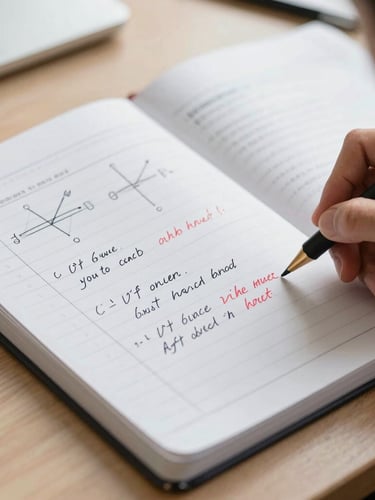 A close-up of a student's handwritten physics error-log notebook, with neat annotations and teacher's corrections in red ink, bright natural desk light.