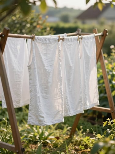 Crisp, sun-dried white linen hanging on a wooden drying rack in a lush, sun-drenched Hungarian garden, soft morning light, shallow depth of field, natural and peaceful atmosphere.