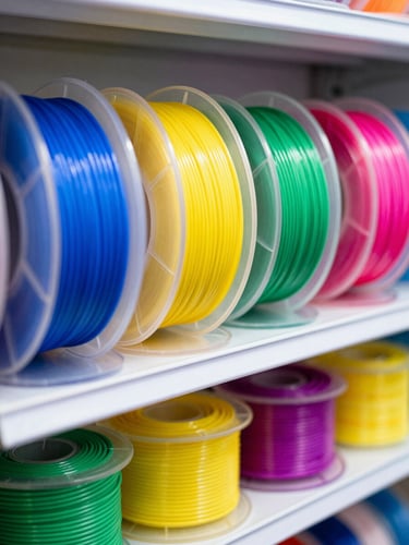 Vibrant macro shot of colorful PLA filament spools on a shelf, neon rim lighting, sharp details, shallow depth of field
