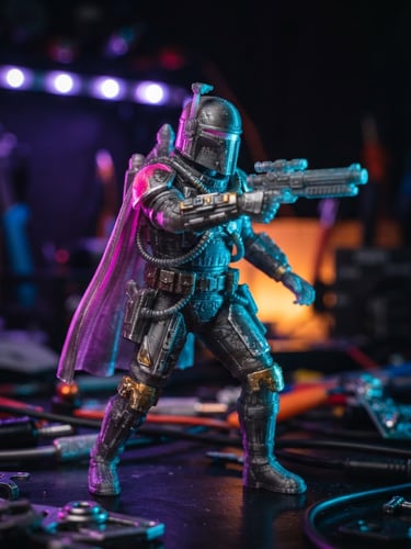 Macro product photograph of a high-detail 3D printed custom figure showing fine PLA filament layer lines under colorful neon rim lighting, 35mm photography, shallow depth of field
