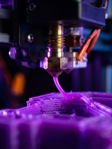 Vibrant macro shot of a 3D printer nozzle extruding bright purple PLA filament, neon rim lighting, high-contrast studio setup