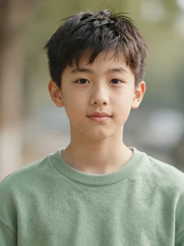 A high-quality portrait of a thoughtful young teenager in a soft green sweater, looking forward with a gentle, confident expression, natural daylight, soft focus background