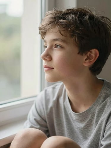 Close-up of a calm teenager sitting on a window sill, looking out with a peaceful expression, warm natural daylight, soft focus background