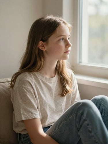 Portrait of a thoughtful teenage girl sitting in a sunlit room, looking out of a window, soft natural lighting, warm sand color palette, authentic expression, shallow depth of field