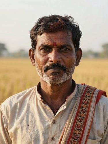 Dignified portrait of an Indian farmer looking directly into the lens, sun-drenched field in the background, warm morning light