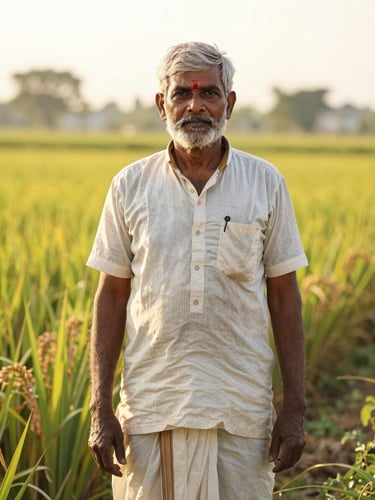 A dignified Indian farmer standing in a sun-drenched multi-crop field, looking directly into the lens, warm low-angle sunlight.