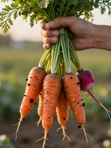 A close-up, vertical shot of hands holding a fresh, unwashed bunch of heirloom carrots and radishes with rich dark soil clinging to the roots, lit by low golden-hour morning sun.