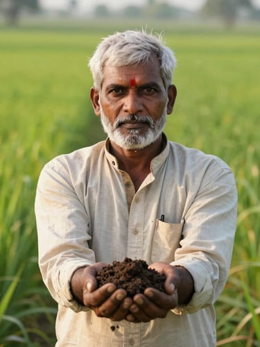 Dignified portrait of an Indian farmer standing in a lush green field, looking directly into the camera, holding a handful of dark, rich soil, morning light.