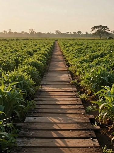 Cinematic wide shot of a multi-crop organic farm in Maharashtra at sunrise, golden light casting long shadows over lush green fields, a rustic wooden path leading into the crops