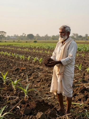 Wide panoramic shot of a sun-drenched multi-crop farm in Maharashtra at golden hour, a dignified Indian farmer standing in the field holding rich dark soil