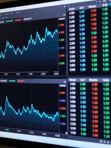 Extreme close-up of a Bloomberg-style terminal screen showing live crypto price charts and order book data, electric blue and cyan chart lines on a near-black background, numerical data in sharp focus, cool ambient screen glow, no visible faces or hands