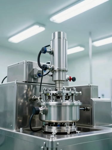 Wide environmental shot of an automated sterile fill-finish line, stainless steel machinery, bright cool fluorescent light, 35mm