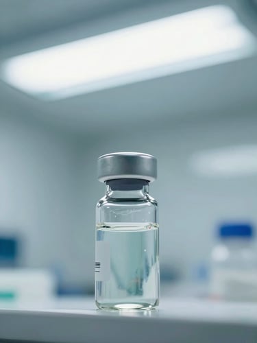Macro shot of a sealed glass vial under bright cool cleanroom light, pristine teal and white tones, sharp focus, 35mm