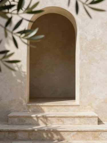 Close-up portrait of a stone staircase with exactly three steps leading to an open archway, soft warm sunlight filtering through olive leaves, minimalist architectural composition.