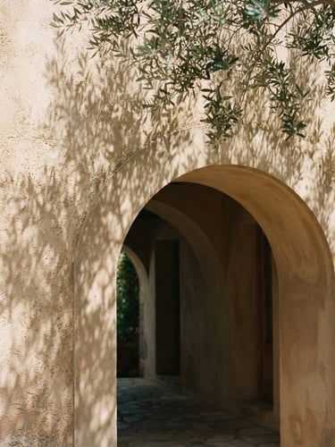 Soft natural sunlight casting olive leaf shadows on a warm stucco wall, minimalist Mediterranean architectural arch, sand tones, 35mm photography