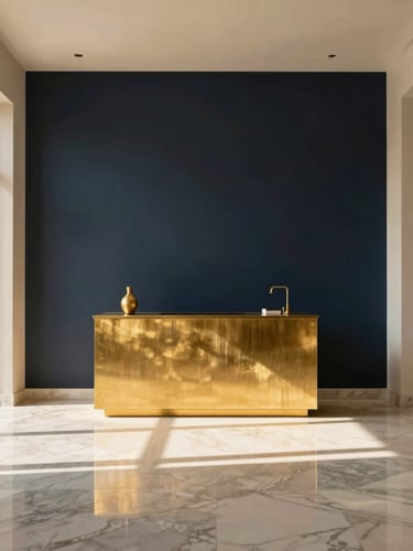 Minimalist luxury villa interior in Riyadh, sun-drenched marble floors, brushed gold fixtures, soft natural shadows, editorial architectural photography