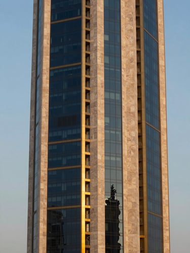 Sleek modern Riyadh high-rise facade at golden hour, architectural details in limestone and brass, soft natural light, medium format photography