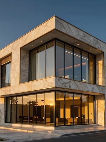 Striking modern luxury villa exterior in Riyadh at twilight, golden-hour light reflecting off expansive glass facades and sleek marble surfaces, editorial architectural photography.