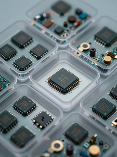 Macro flat-lay of neatly organized silicon microchips and electronic components in anti-static bins under cool studio lighting.