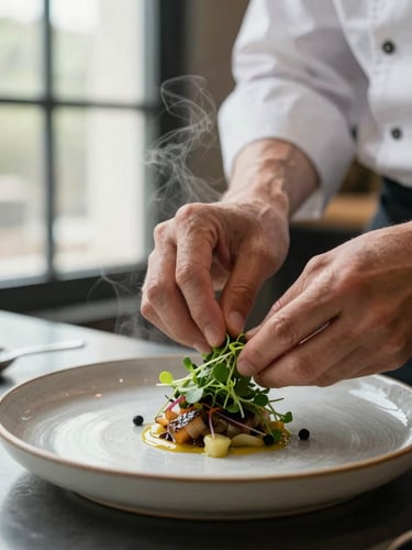 A chef's hands carefully plating a delicate microgreen garnish on a ceramic dish, steam rising, soft north-facing window light
