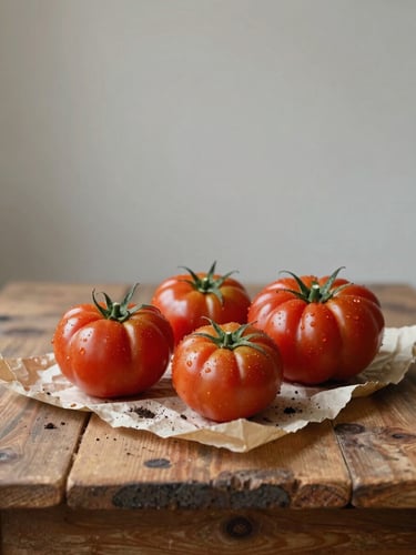 Vertical portrait framing, soft directional daylight. A rustic wooden table with freshly harvested heirloom tomatoes, soil dusting, and parchment paper, negative space above.