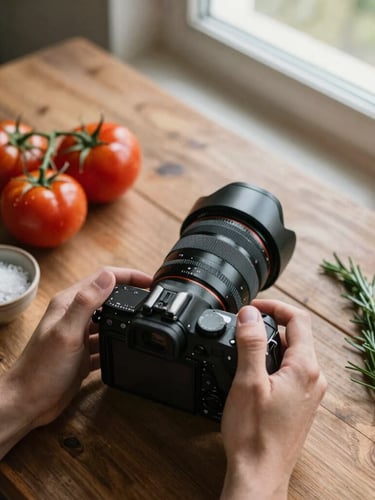 A close-up, top-down shot of hands gently adjusting a professional camera rig over a rustic wooden table. On the table, fresh heirloom tomatoes, a ceramic bowl of sea salt, and a sprig of rosemary sit in soft, natural daylight from a north-facing window.