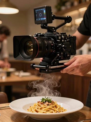 Vertical portrait framing, warm interior restaurant glow. Hands adjusting a heavy camera rig over a steaming plate of handmade pasta, chef working in the soft-focus background.