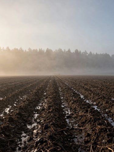 A wide environmental shot of a misty morning Pacific Northwest farm field, soft golden light breaking through low fog, wet soil texture in the foreground, cinematic 21:9 feel
