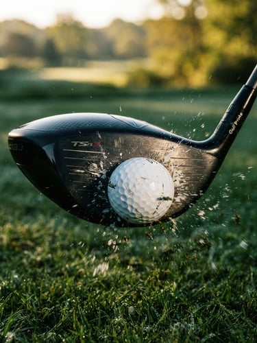 Extreme close-up of a high-end driver head impacting a golf ball, high-contrast studio lighting, crisp details, 35mm photography