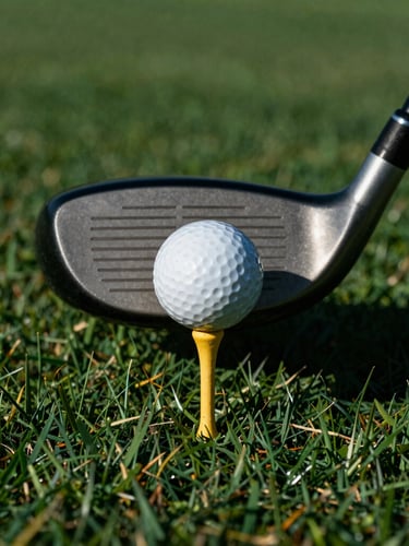 Extreme close-up of a premium golf club head striking a ball on a tee, high-contrast studio lighting highlighting equipment texture, deep green tones, 35mm