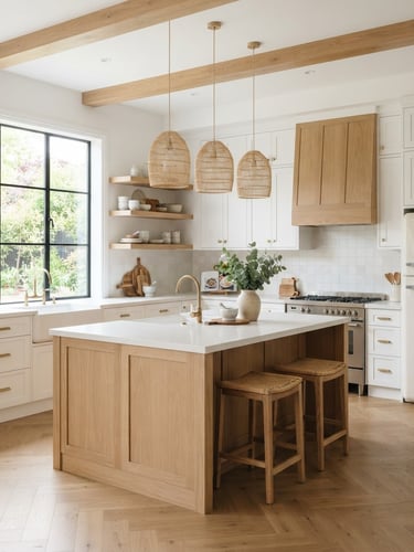 Bright, modern kitchen with white cabinets and natural wood accents, bathed in natural light, architectural photography style, warm neutral tones, 35mm lens, sharp focus.