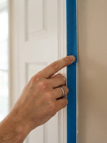 Close-up of a painter's hand carefully taping off trim with blue painter's tape, bright natural light, clean architectural photography, warm neutral tones, sharp focus, 35mm lens