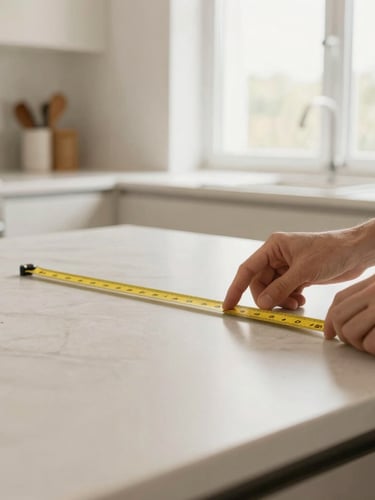 Close-up of hands measuring a countertop in a bright, modern kitchen, emphasizing precision and detail. Natural daylight, warm neutral tones, sharp focus, 35mm lens.