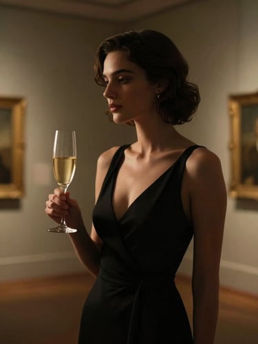 Cinematic portrait of an elegant woman in a tailored black evening dress, captured in low-key chiaroscuro lighting inside a dimly lit London art gallery. Her face is partially turned away in soft shadow, holding a champagne flute, warm ambient gold accents in the background, 35mm film grain.