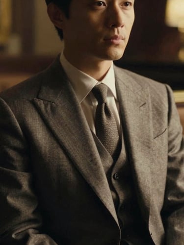Cinematic portrait of an elegant companion in a tailored suit, face partially in shadow, soft ambient lighting of a luxury London lounge, 35mm film grain.