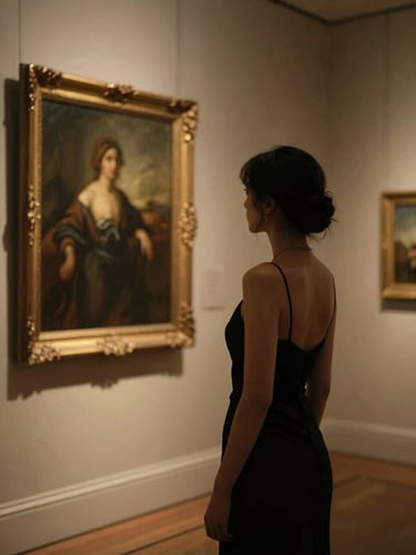 An elegant silhouette of a woman in an evening gown looking at a painting in a dimly lit Mayfair art gallery, warm ambient golden lighting, soft focus