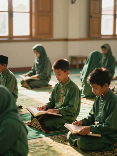 Ustadz membimbing anak-anak mengaji Al-Qur'an di dalam masjid dengan cahaya sore alami yang hangat dari jendela kayu, warna hijau dan emas lembut.