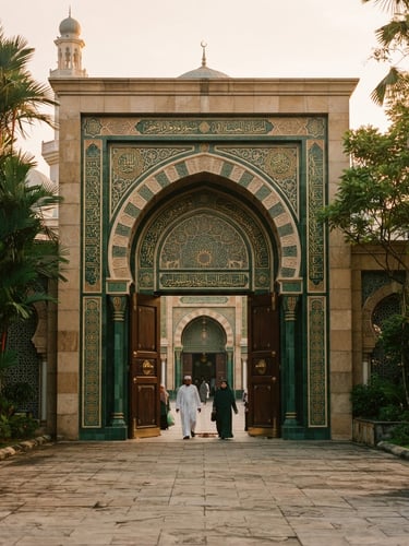 Warm editorial photography of Masjid Jami' Asy-Syakirin main entrance archway during soft morning light, rich forest green tones, architectural details, 35mm lens
