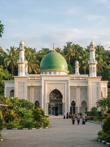 Wide-angle exterior of a beautiful modern mosque with green dome and gold accents in West Kalimantan, soft morning sunlight, lush tropical trees in the background, 35mm lens