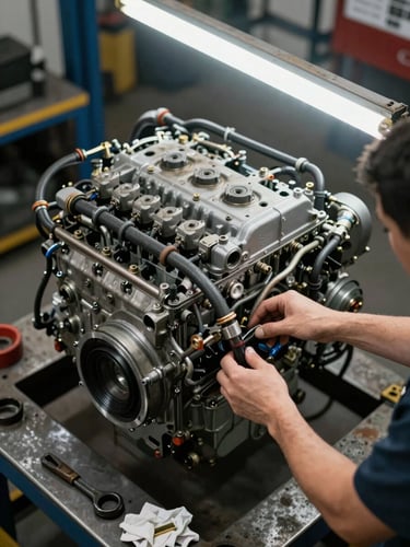 Close-up overhead shot of a diesel engine bay mid-build on a workshop lift, hands adjusting a fuel line under shop fluorescent lighting, tools and rags visible on a steel workbench beside it