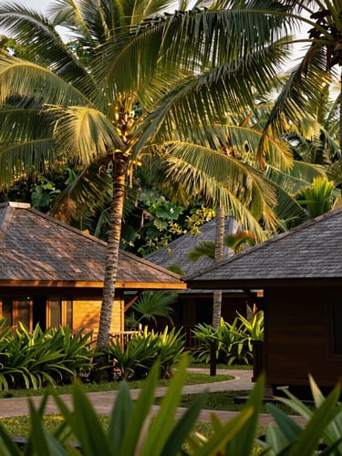 Warm environmental shot of Bangi Resort's tropical gardens at golden hour, low-rise teak wood pavilions visible through palm leaves, soft filtered light.