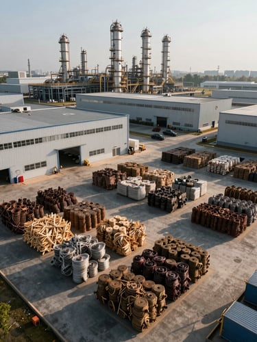 High-angle environmental shot of a massive modern petrochemical warehouse, organized stacks of raw industrial materials under dramatic afternoon sunlight casting long structured shadows, clean industrial scale.