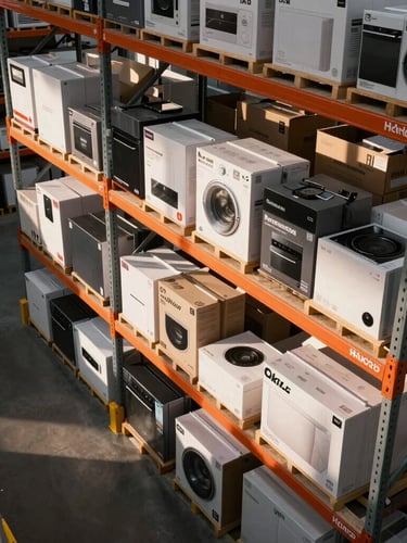 High-angle industrial warehouse showing neatly stacked, boxed consumer electronics and household goods on high-rack shelving, dramatic afternoon light casting long shadows