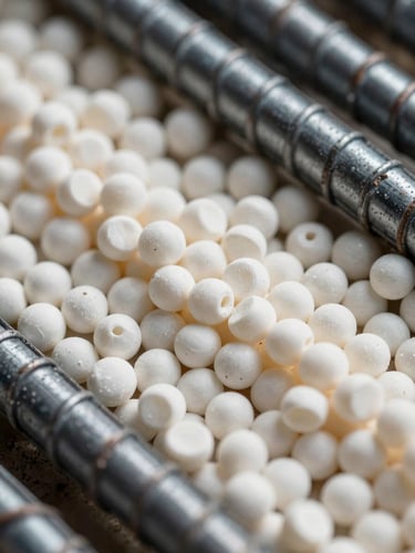 Close-up macro shot of raw polymer pellets and structured steel rebar textures under sharp natural daylight.