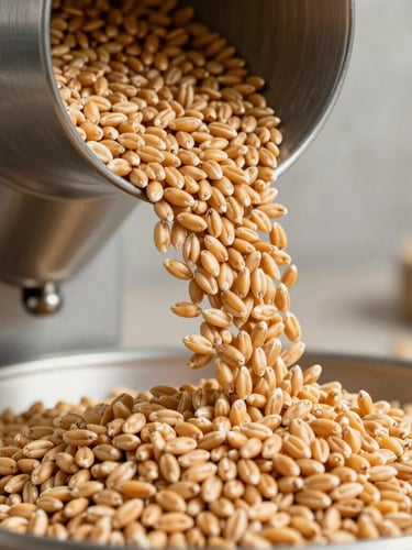 Close-up of golden wheat grains flowing through an industrial quality control funnel, high-contrast daylight, sharp focus on grain texture, concrete background