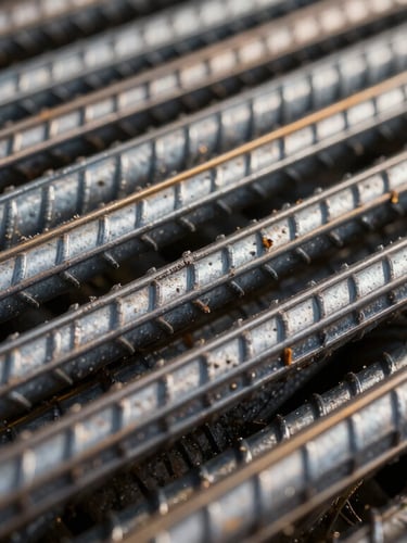 Extreme macro shot of raw steel rebar textures, high-contrast dramatic daylight casting long shadows on metallic ridges, industrial scale